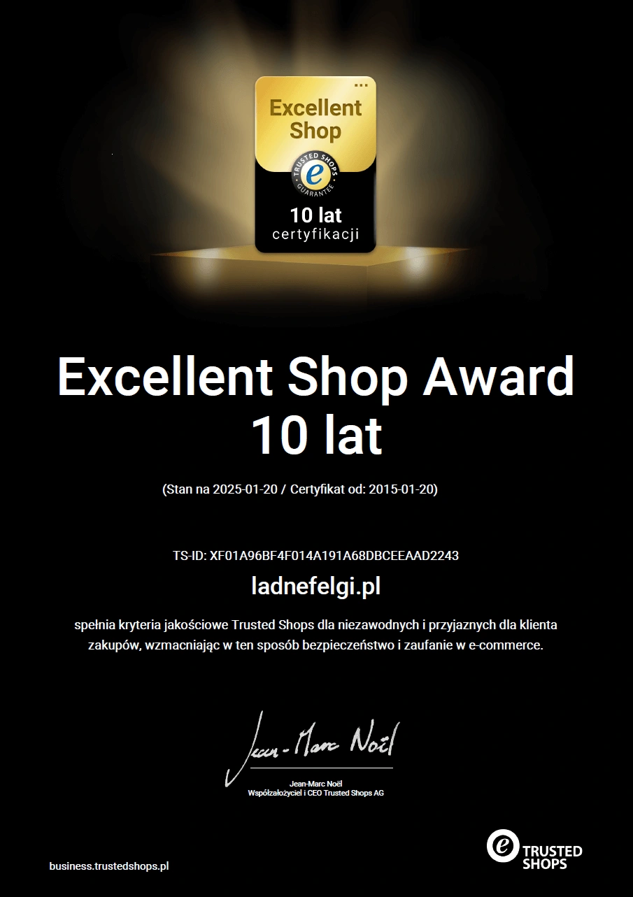 Certificado Prêmio Excellent Shop para LadneFelgi.pl Certificado Prêmio Excellent Shop pelos Trusted Shops para LadneFelgi.pl