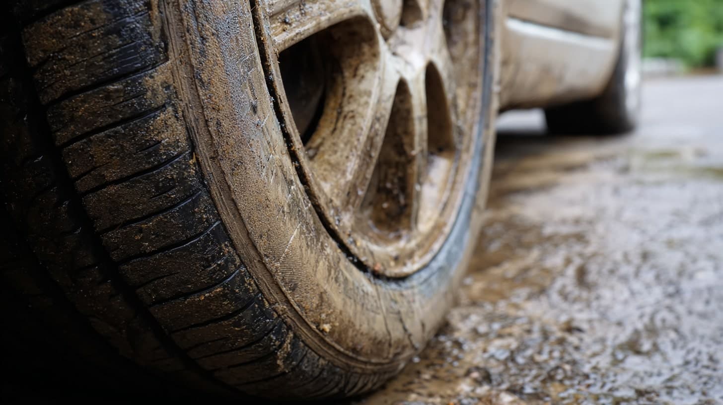 Zabłocona opona i felga samochodowa