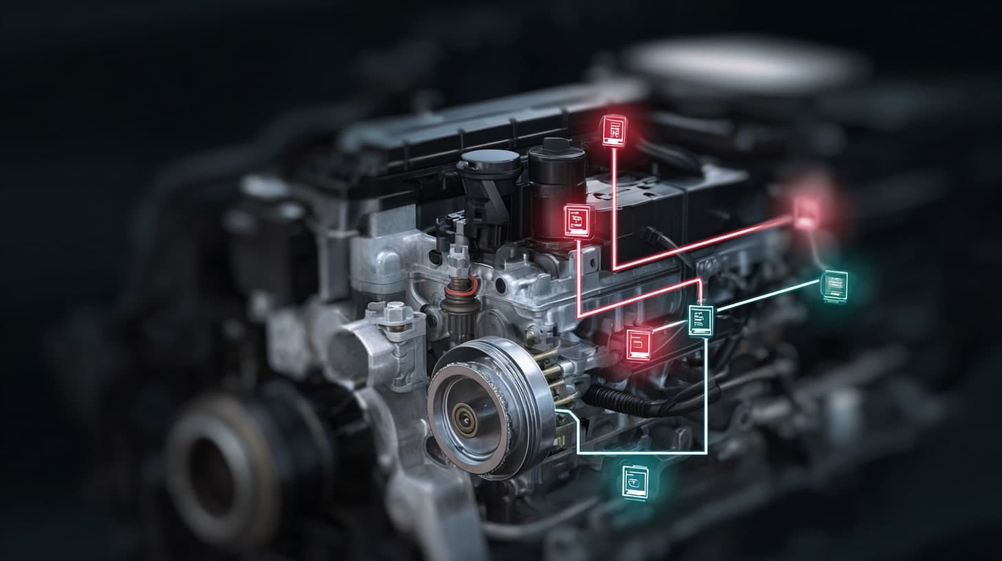 Rzut na wnętrze silnika z zaznaczonymi elementami, które mogą ulec uszkodzeniu